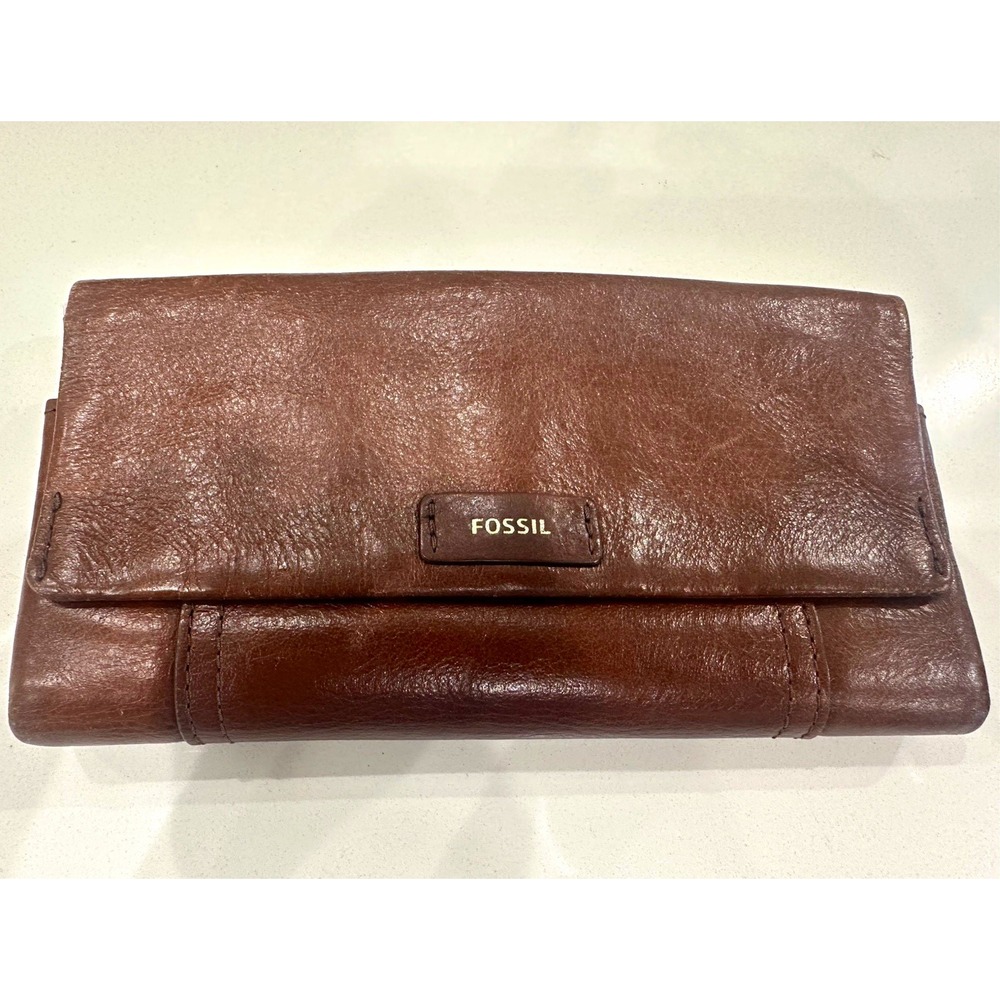 Fossil Brown Leather Clutch Wallet Organizer Snap Zip Multi Card Holder